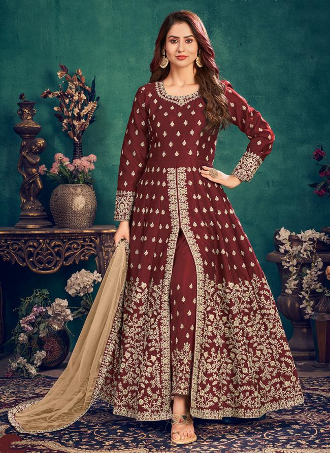 Maroon Art Silk Festival Wear Embroidery Work Anarkali Suit