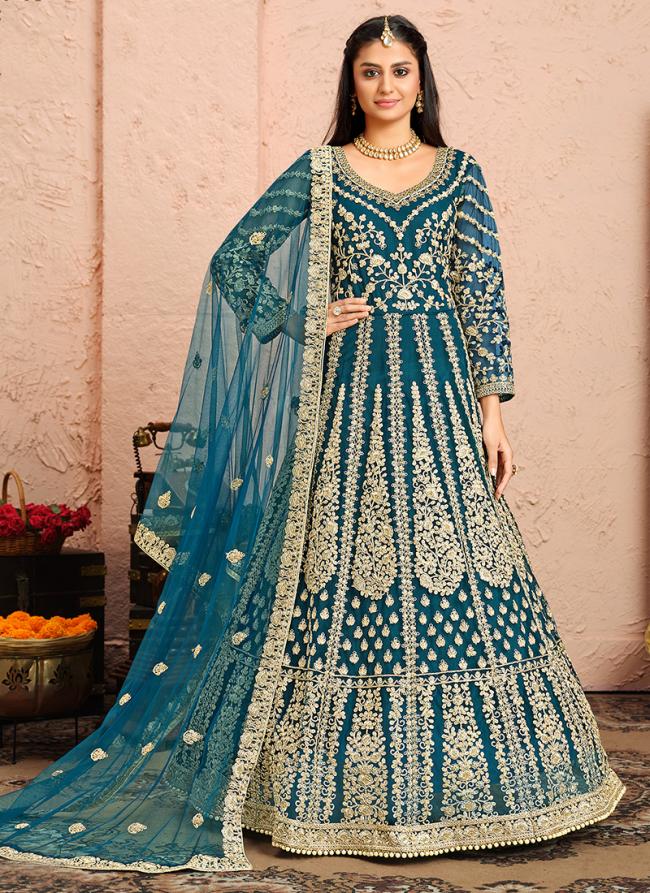 Blue Net Wedding Wear Embroidery Work Anarkali Suit