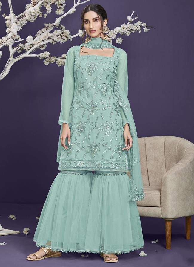 Aqua Blue Net Wedding Wear Thread Work Sharara Suit