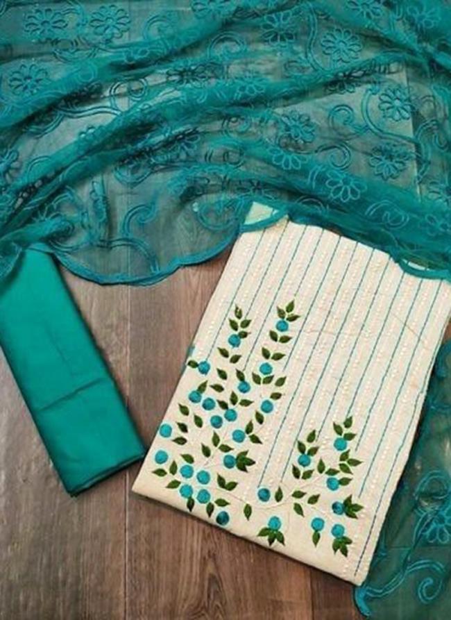 Sky Blue Khadi Cotton Casual Wear Embroidery Work Dress Material