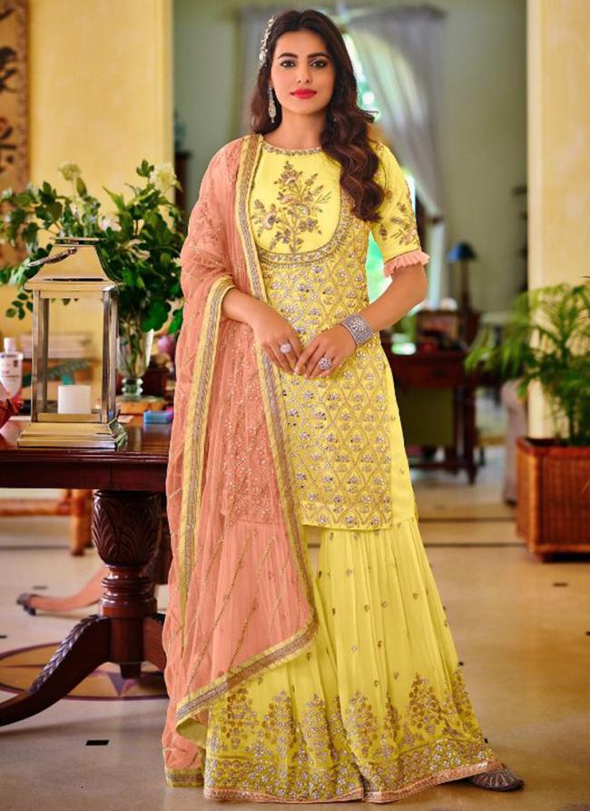 Yellow Faux Georgette Wedding Wear Embroidery Work Sharara Suit