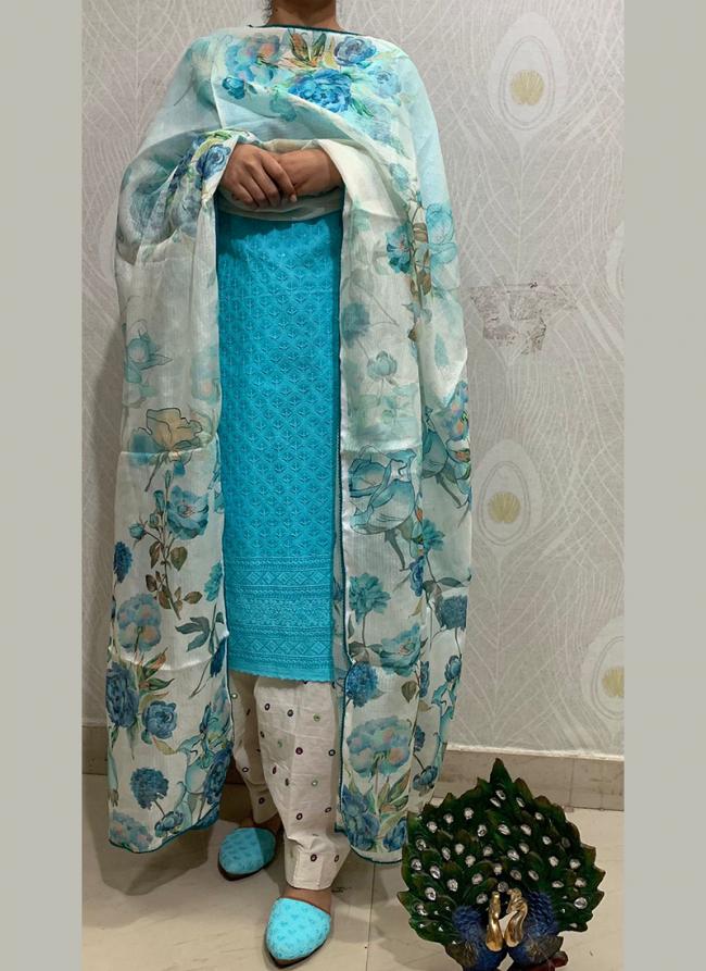 Sky Blue Cambric Cotton Party Wear Chikan Work Readymade Salwar Suit