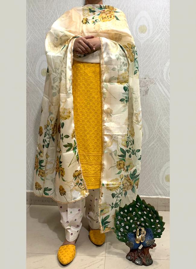 Yellow Cambric Cotton Festival Wear Chikan Work Readymade Salwar Suit