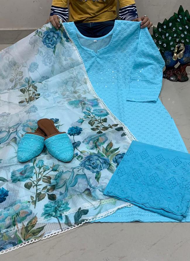 Sky Blue Pure Cotton Traditional Wear Sequins Work Readymade Salwar Suit