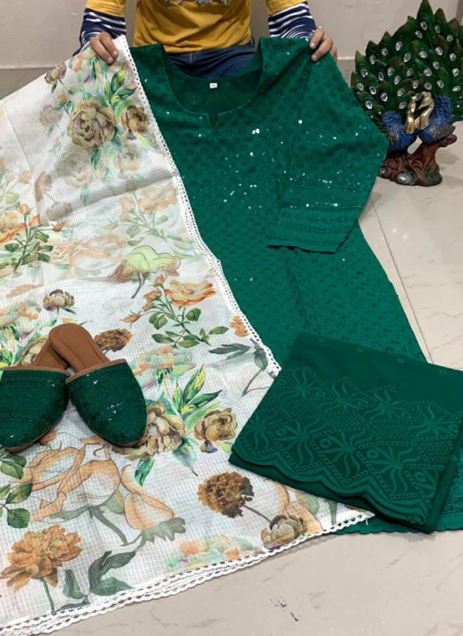 Green Pure Cotton Party Wear Chikan Work Readymade Salwar Suit