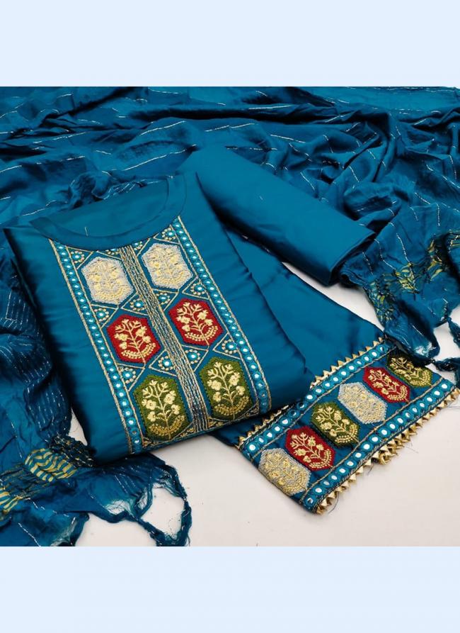 Blue Malai Cotton Casual Wear Embroidery Work Dress Material