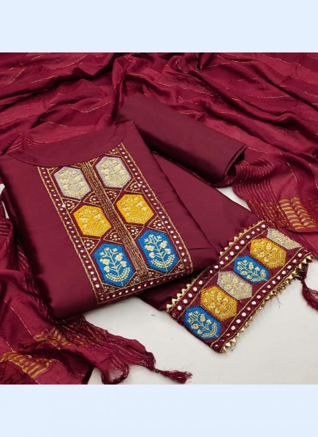 Maroon Malai Cotton Casual Wear Embroidery Work Dress Material
