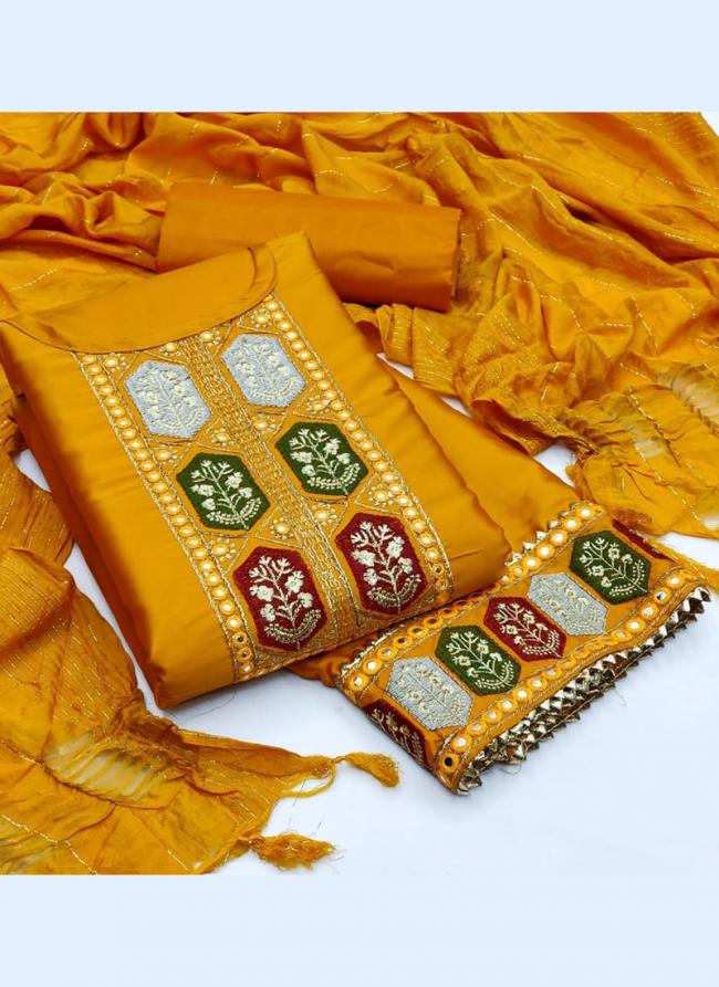 Yellow Malai Cotton Casual Wear Embroidery Work Dress Material