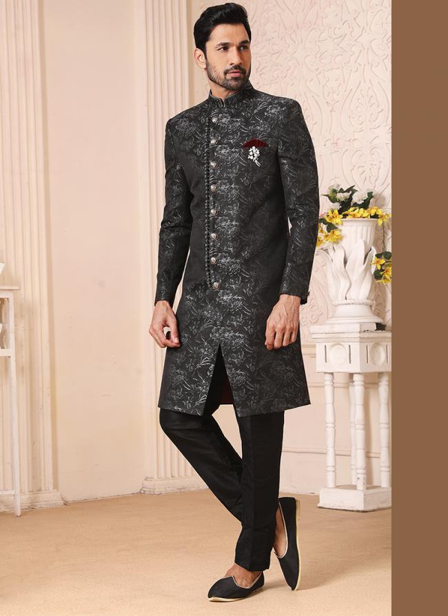 Black Brocade Jacquard Traditional Wear Weaving Nawabi Indo Western