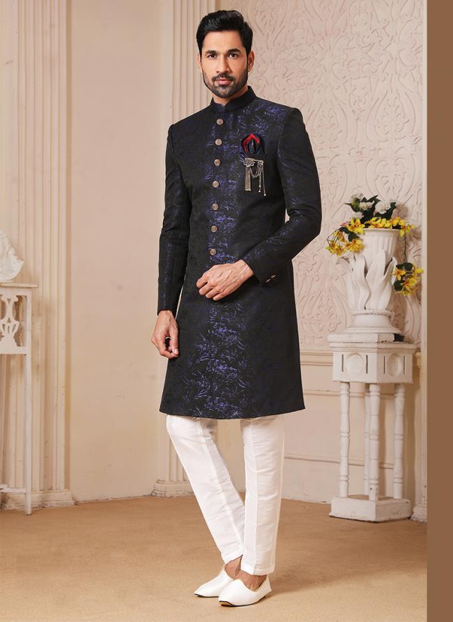 Blue Brocade Jacquard Traditional Wear Weaving Nawabi Indo Western