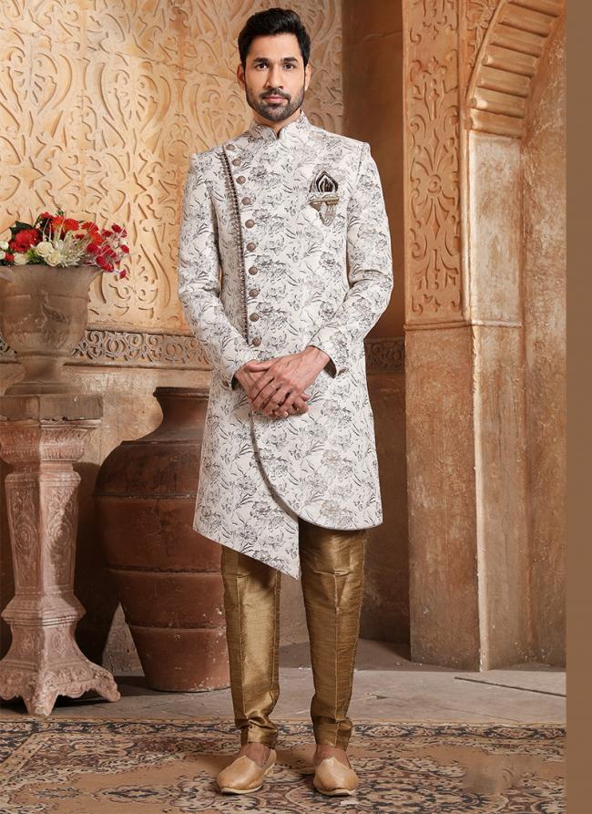 Cream Brocade Jacquard Traditional Wear Weaving Nawabi Indo Western