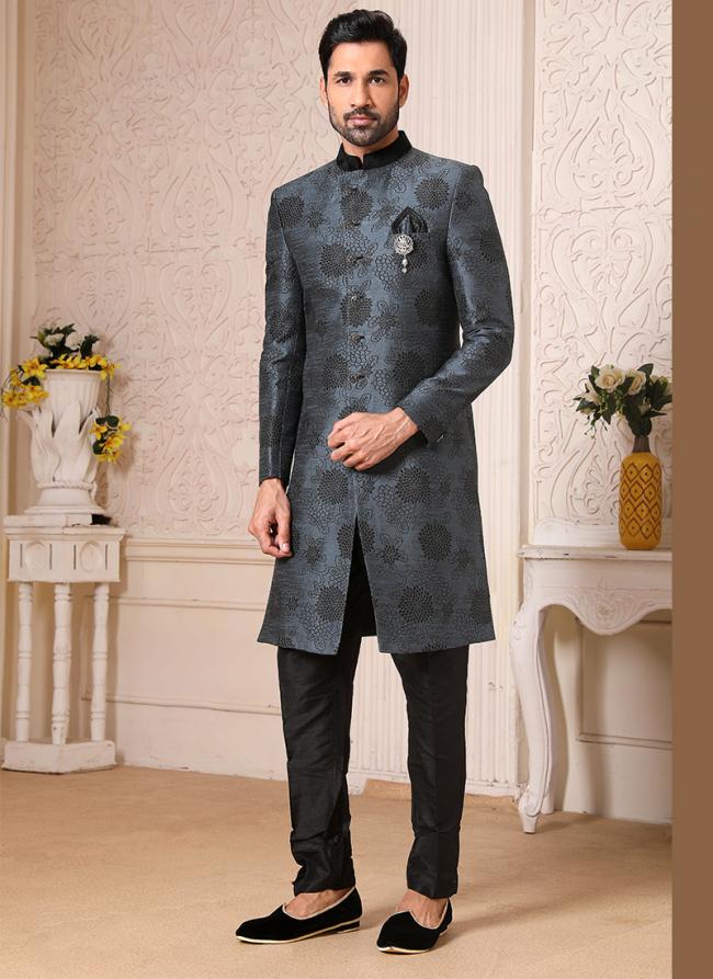 Dark blue gray Brocade Jacquard Traditional Wear Weaving Nawabi Indo Western