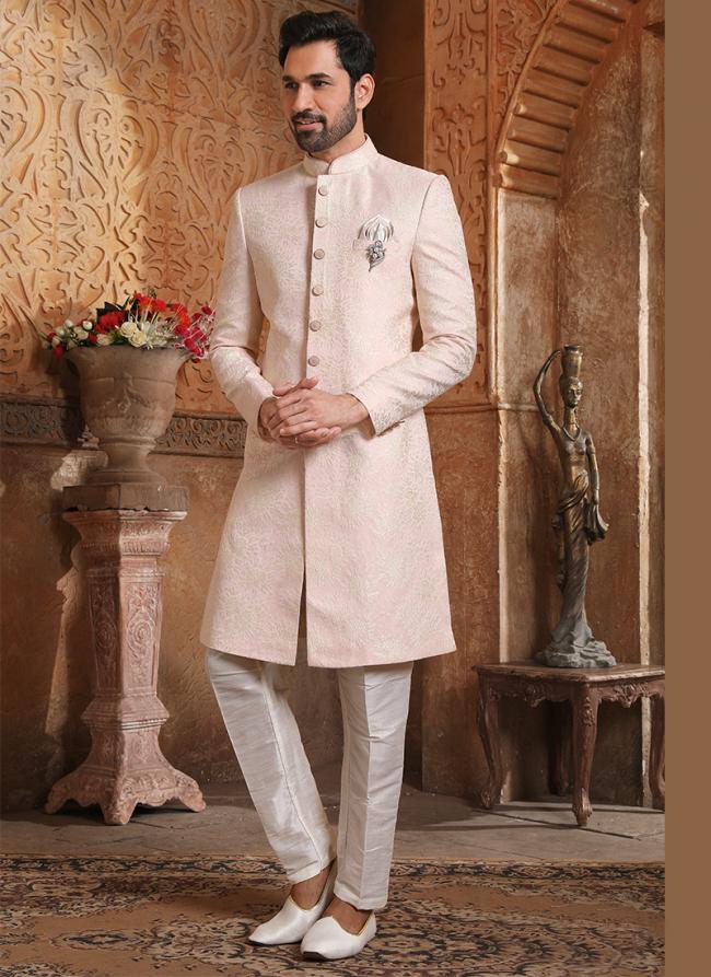 Light pink Brocade Jacquard Traditional Wear Weaving Nawabi Indo Western