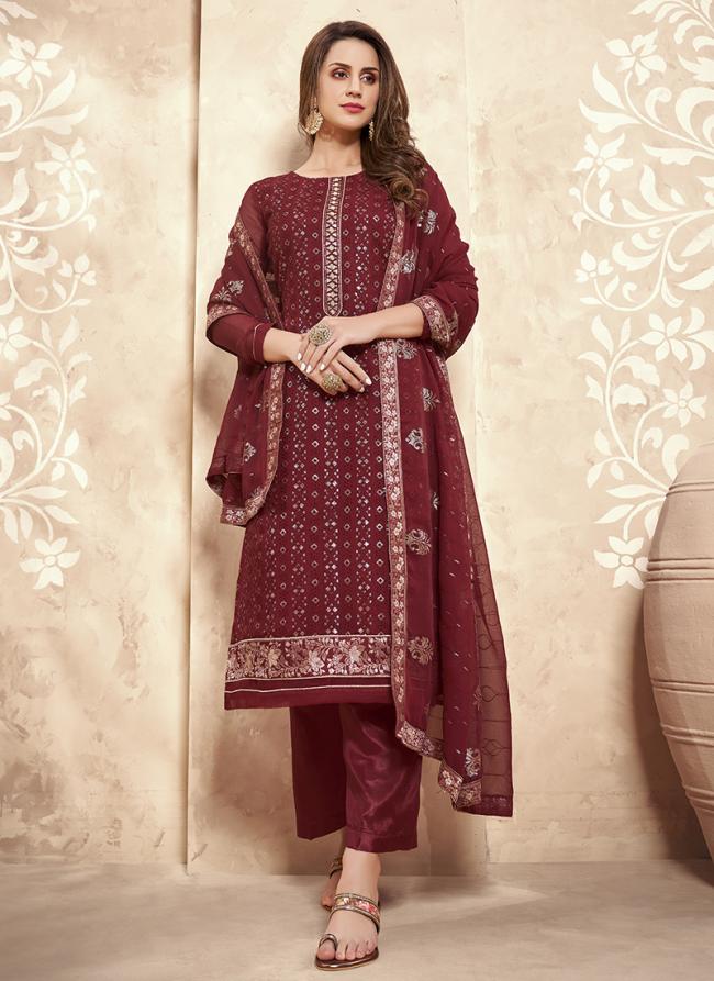 Maroon Georgette Party Wear Thread Work Salwar Suit