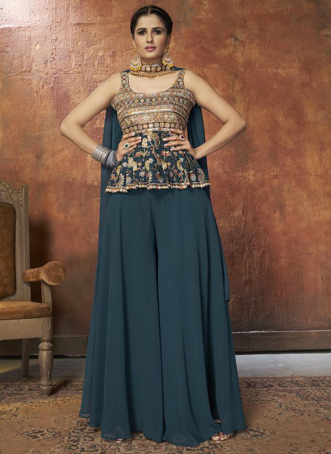 Aqua Blue Georgette Wedding Wear Sequins Work Readymade Salwar Suit