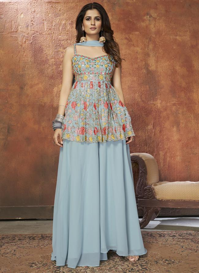 Blue Georgette Wedding Wear Sequins Work Readymade Salwar Suit