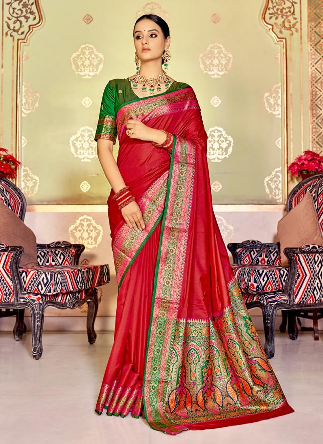 Red Banarasi Silk Festival Wear Weaving Saree
