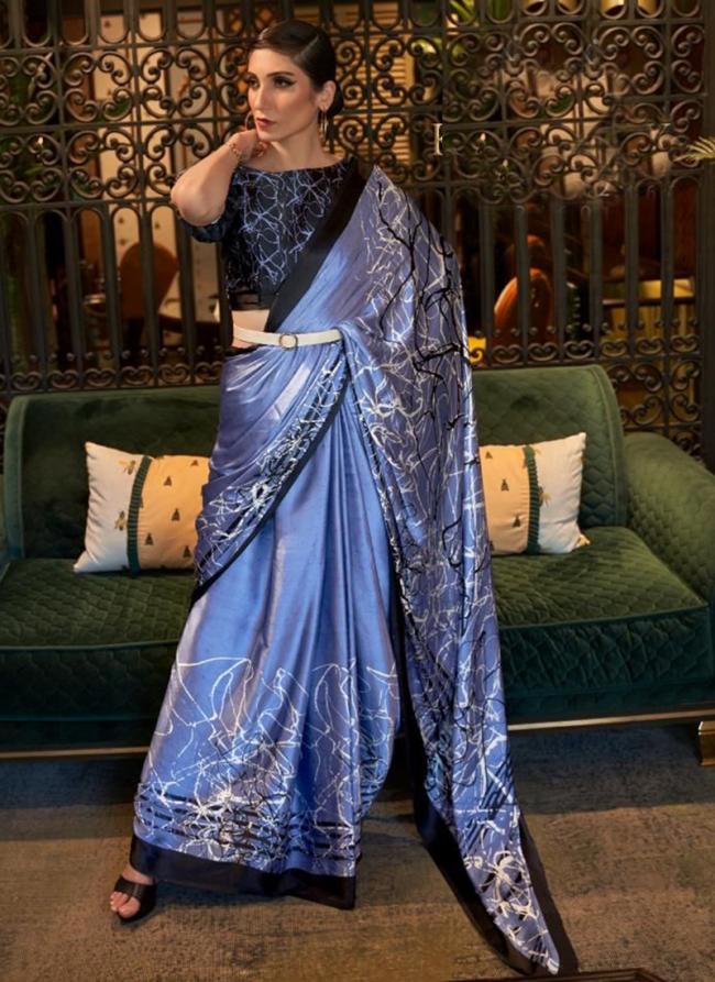 Blue Crepe Party Wear Digital Printed Saree