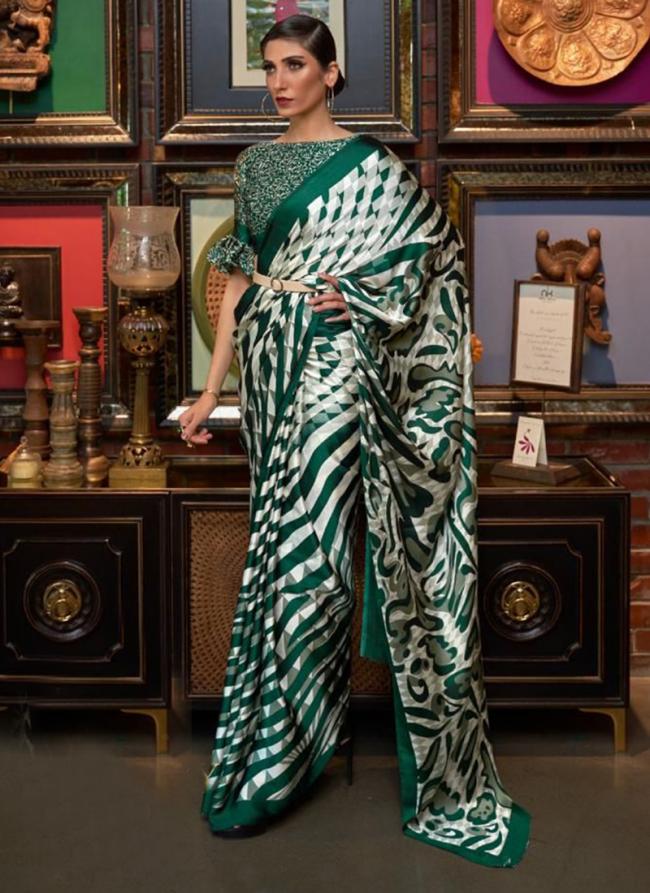 Dark Green Crepe Party Wear Digital Printed Saree