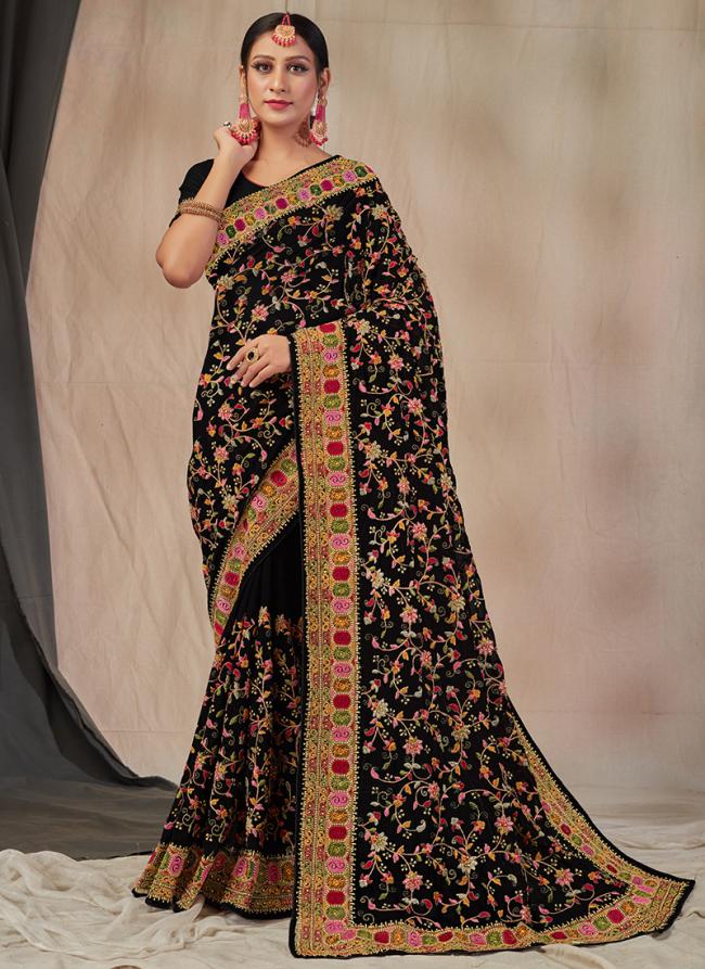 Black Georgette Wedding Wear Embroidery Work Saree