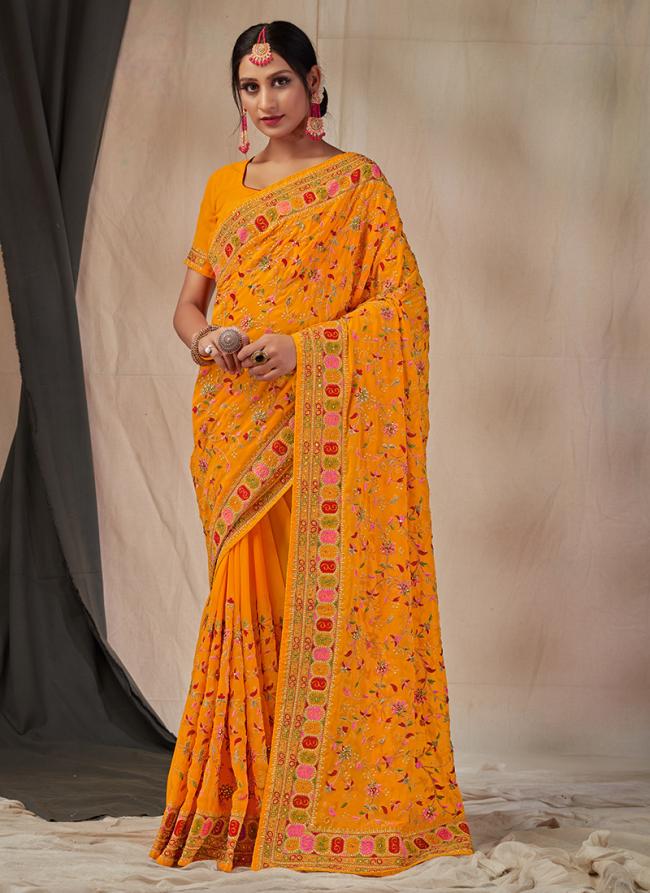 Mustard Georgette Wedding Wear Embroidery Work Saree