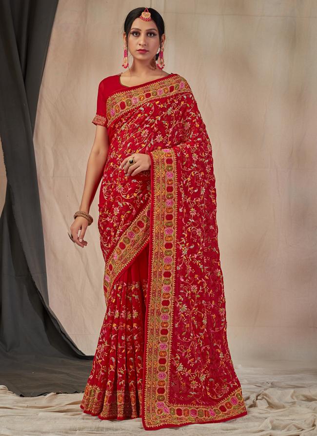 Red Georgette Wedding Wear Embroidery Work Saree