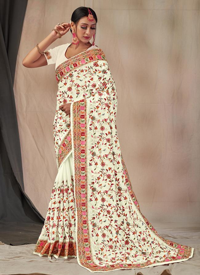 White Georgette Wedding Wear Embroidery Work Saree