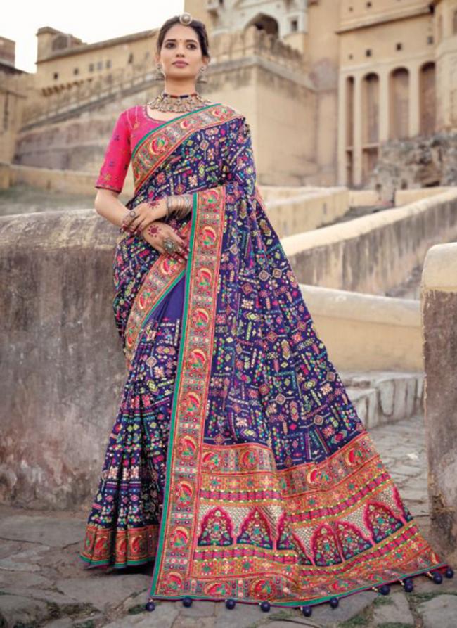 Purple Banarasi Silk Reception Wear Cut Dana Work Saree