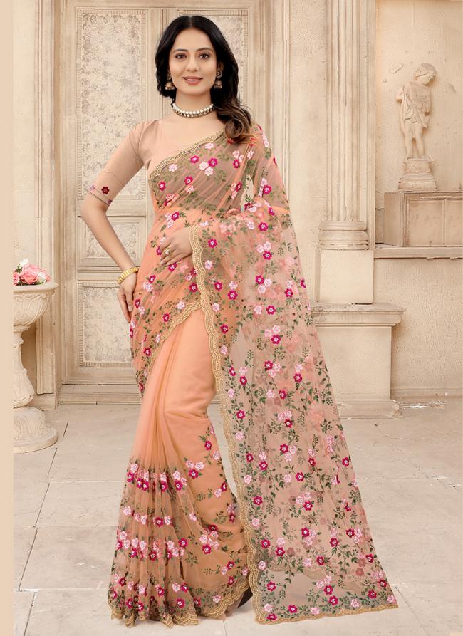 Dusty Peach Net Reception Wear Zarkan Work Saree