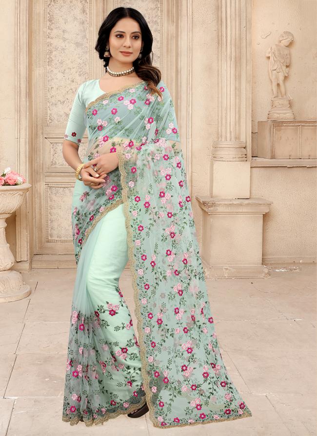 Dusty Sky Net Reception Wear Zarkan Work Saree