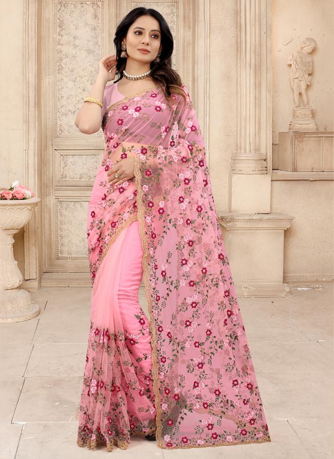 Light Gajri Net Reception Wear Zarkan Work Saree