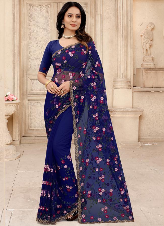 Navy Blue Net Reception Wear Zarkan Work Saree