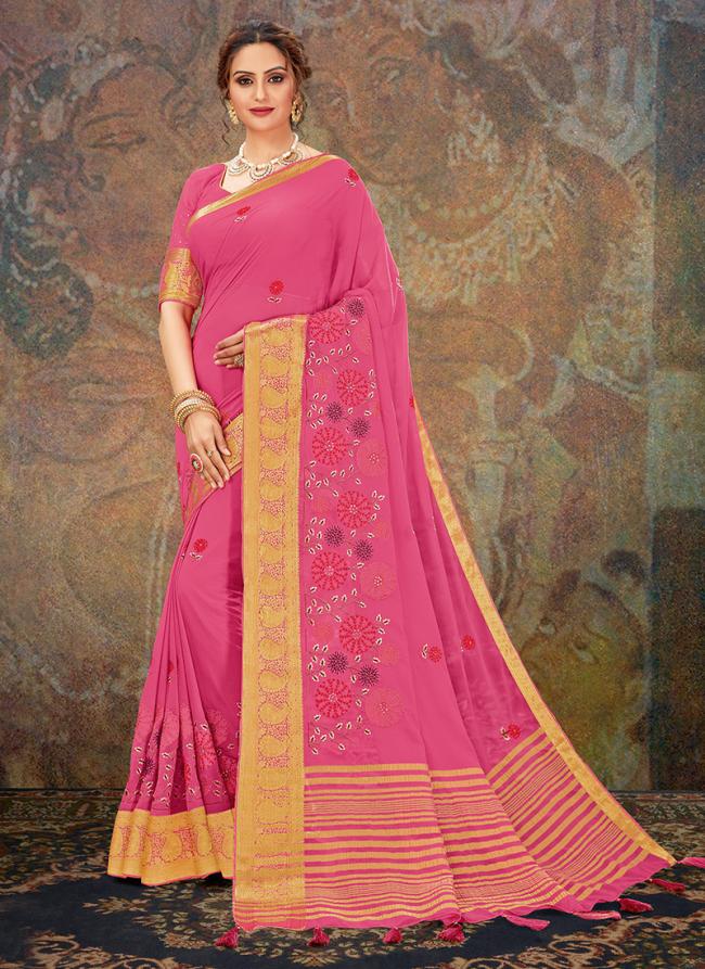 Pink Chiffon Traditional Wear Embroidery Work Saree