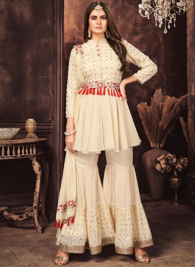 Off White Georgette Reception Wear Sequins Work Readymade Salwar Suit