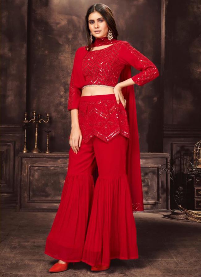 Red Georgette Reception Wear Sequins Work Readymade Salwar Suit