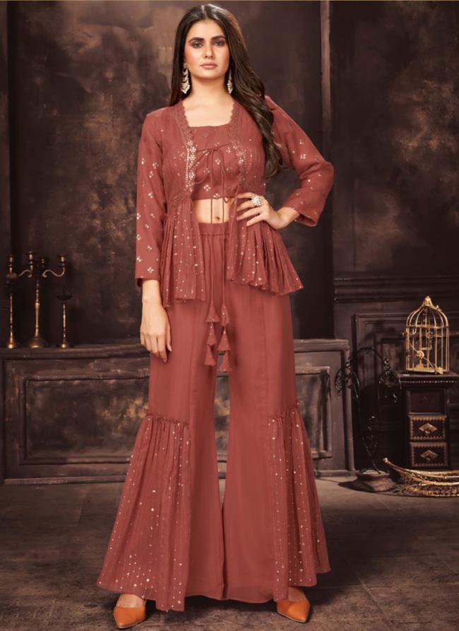 Rust Georgette Reception Wear Sequins Work Readymade Salwar Suit