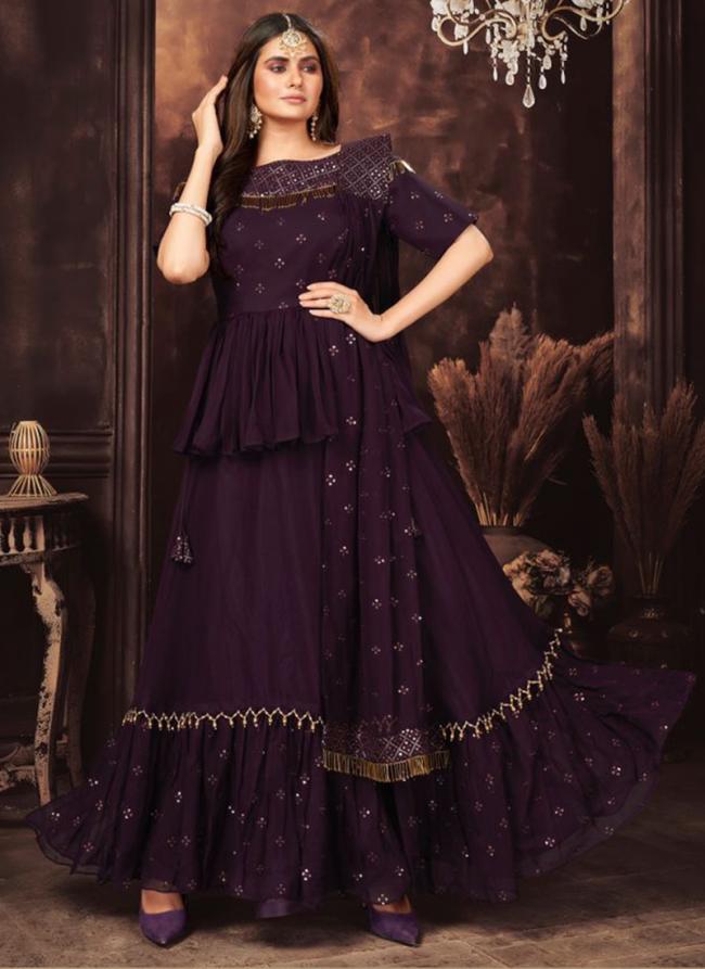 Wine Georgette Reception Wear Sequins Work Readymade Salwar Suit