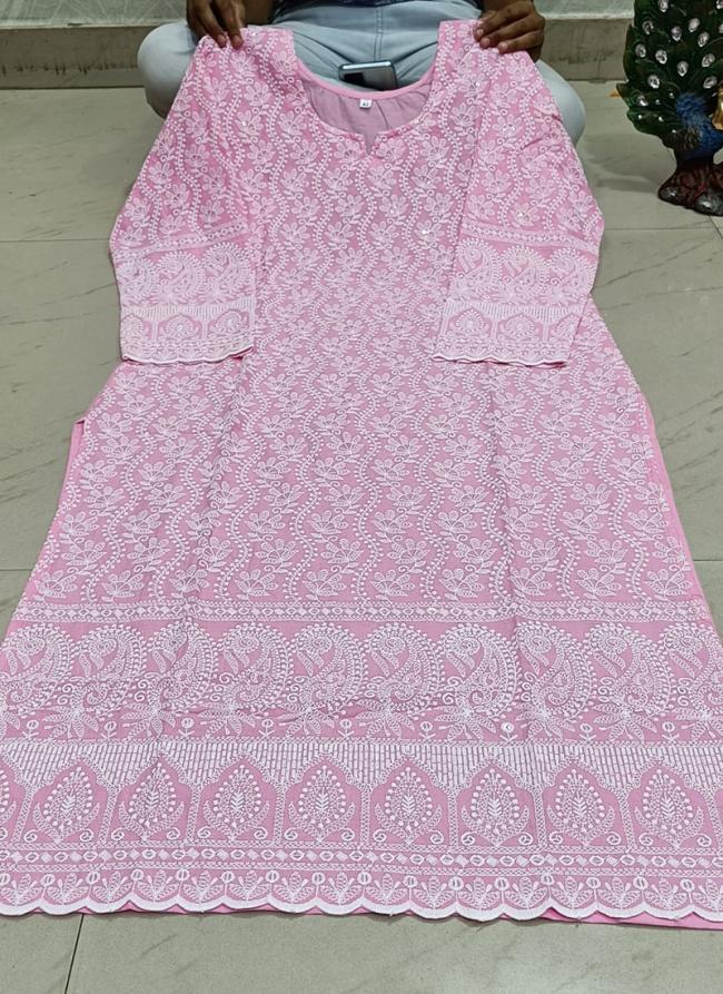 Pink Cambric cotton Festival Wear Chikan Work Kurti