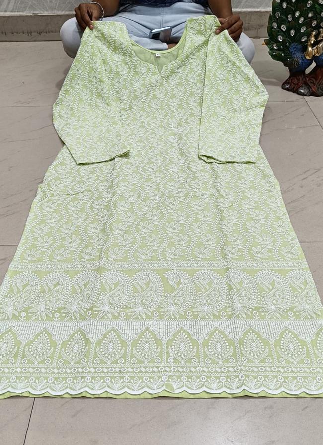 Pista Green Cambric cotton Festival Wear Chikan Work Kurti