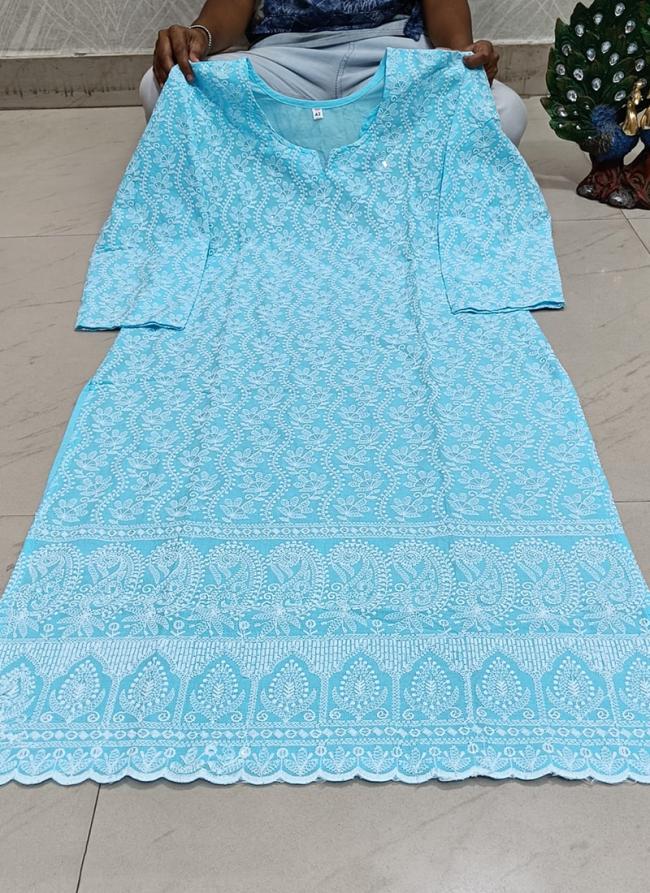 Sky blue Cambric cotton Festival Wear Chikan Work Kurti