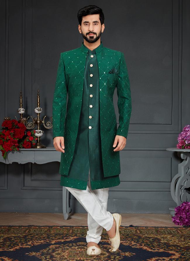 Green Heavy Imported Silk Wedding Wear Weaving Italian Indo Western