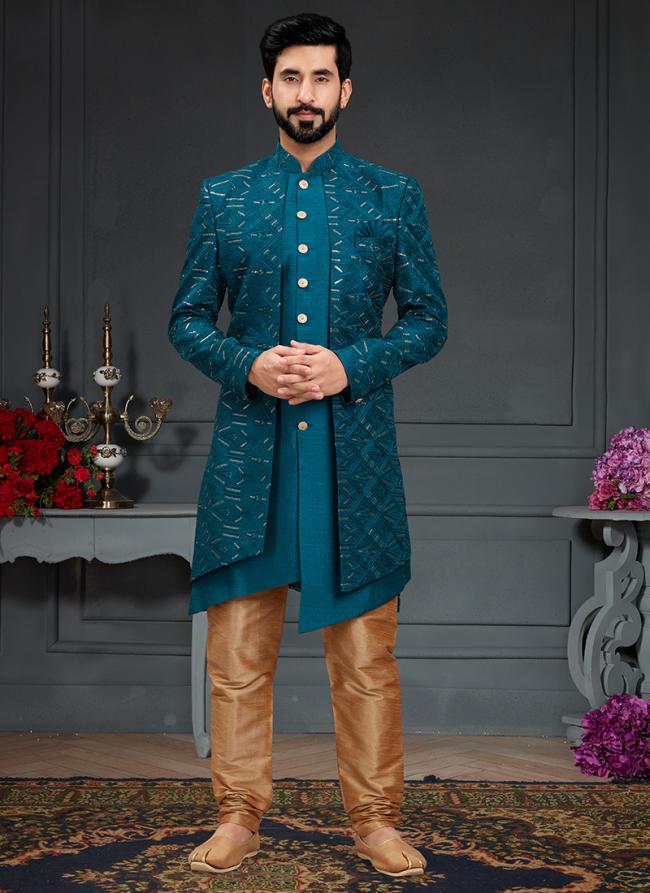 Peacock Blue Heavy Imported Silk Wedding Wear Weaving Italian Indo Western