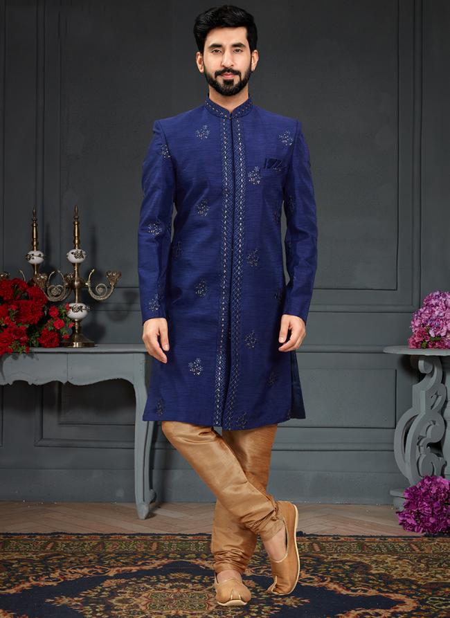 Blue Heavy Imported Silk Wedding Wear Weaving Nawabi Indo Western