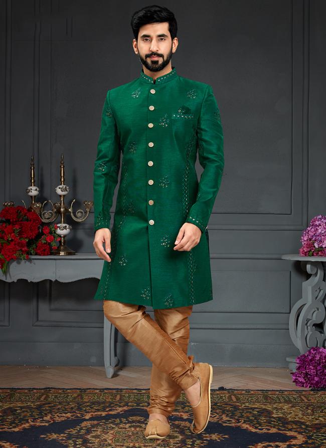 Green Heavy Imported Silk Wedding Wear Weaving Nawabi Indo Western