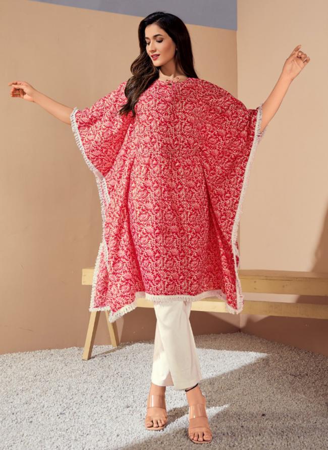 Pink Cotton Casual Wear Printed Work Kaftan