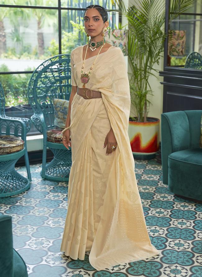 Cream Fancy Party Wear Lucknowi Saree