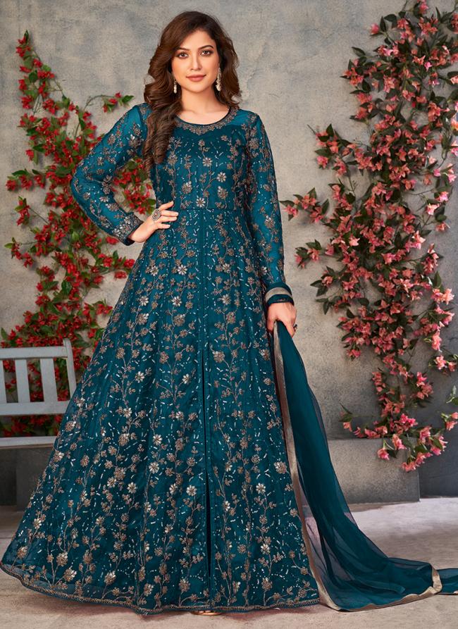 Blue Net Wedding Wear Embroidery Work Anarkali Suit