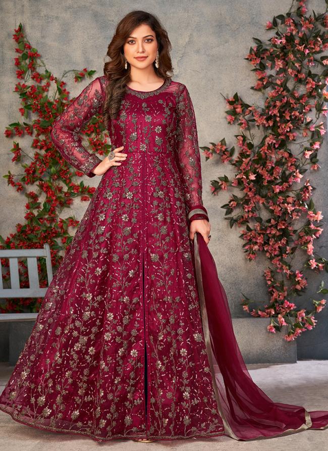 Purple Net Wedding Wear Embroidery Work Anarkali Suit