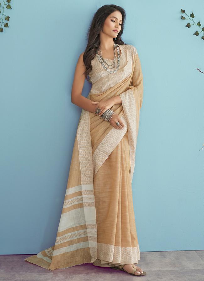 Beige Soft Linen Party Wear Lucknowi Saree