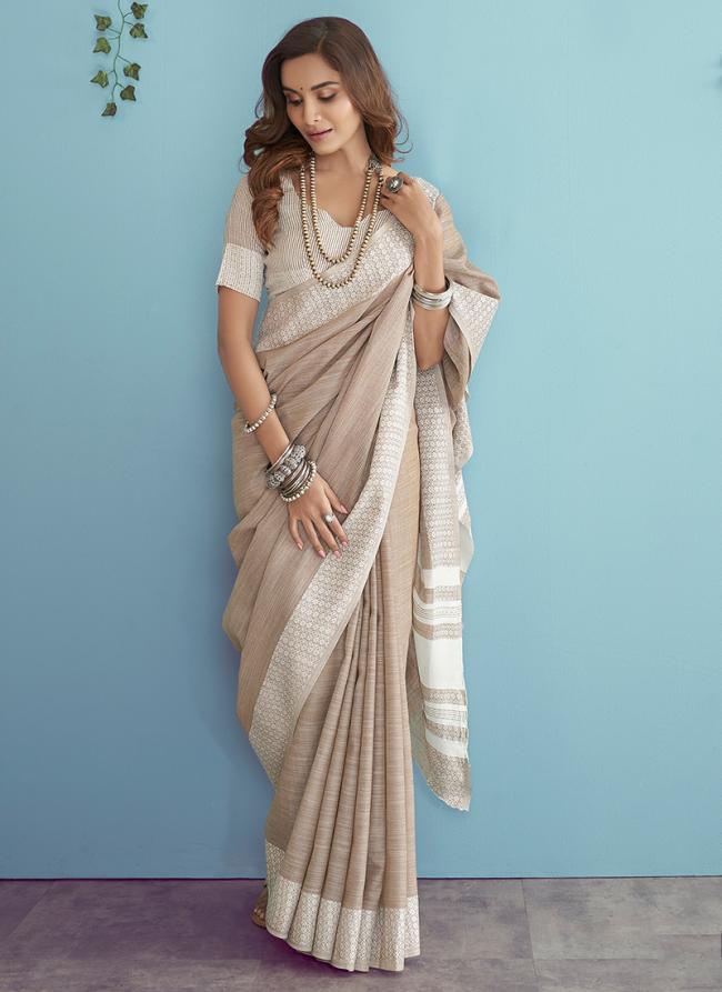 Brown Soft Linen Party Wear Lucknowi Saree